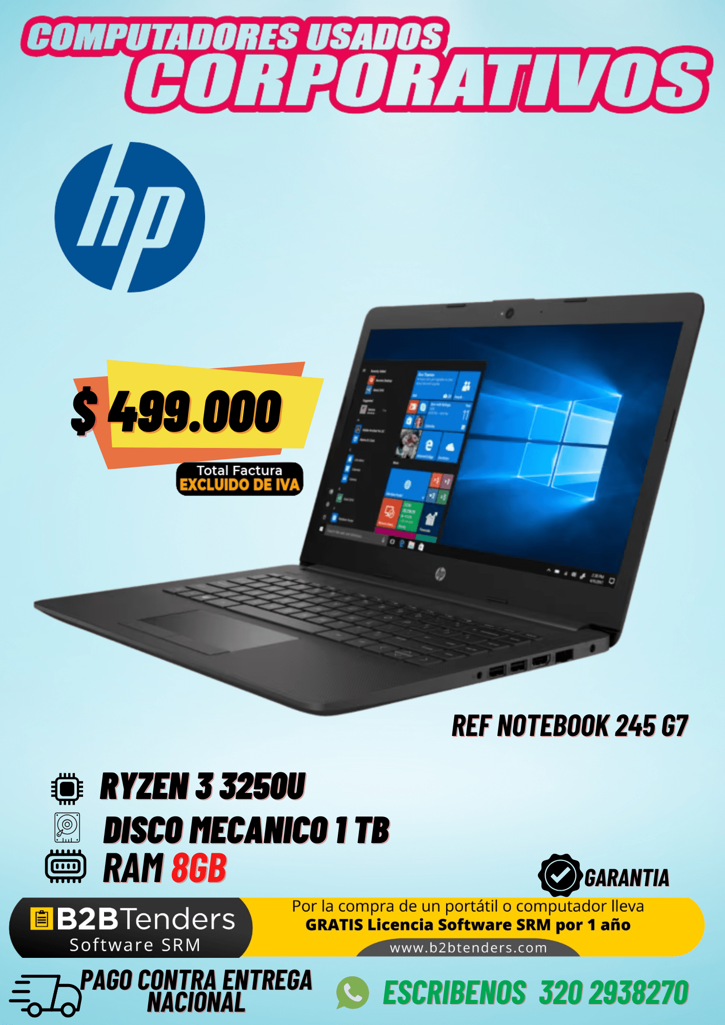 HP 245 G7 Ryzen 3 – 8GB RAM + 1TB HDD | Portátil Corporativo – Excluido de IVA